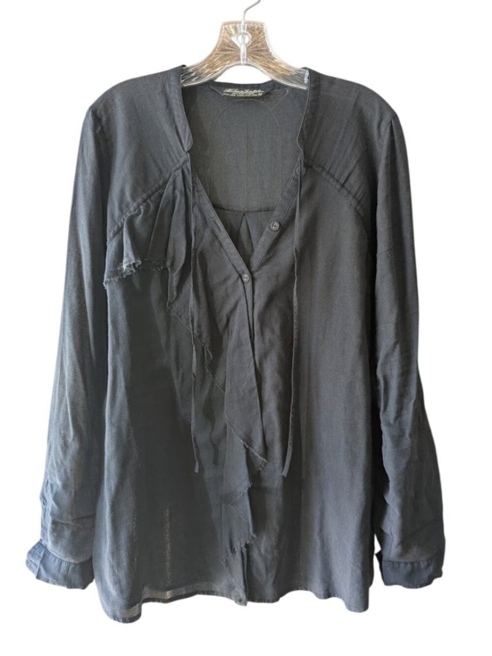 AllSaints Spitalfields 100% Cotton Black Sheer Ruffle Front Blouse Size 10